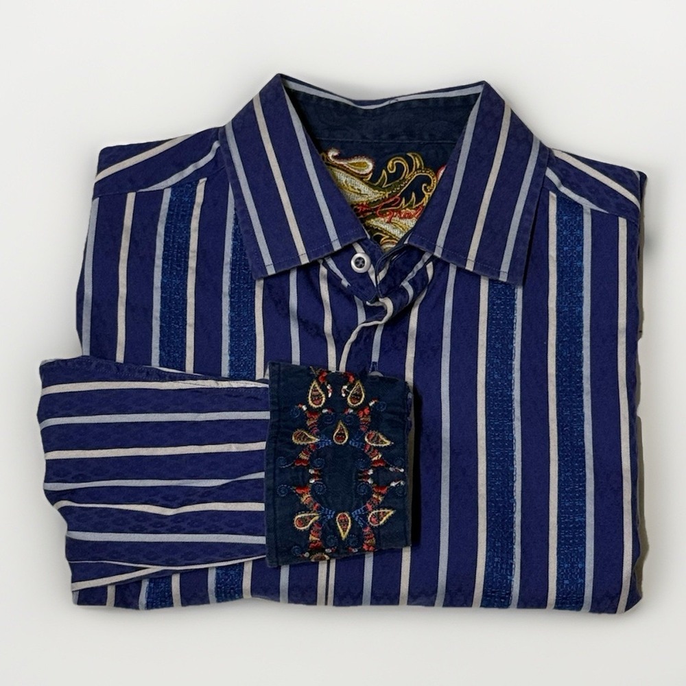 ROBERT GRAHAM Long Sleeve Shirt Flip Cuffs Embroidery Striped Size MM EUC